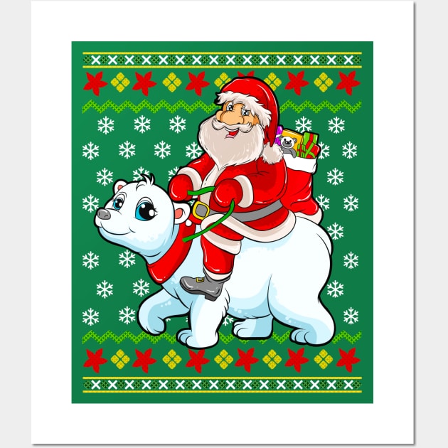 Santa Claus Riding Polar Bear Ugly Christmas Sweater Wall Art by E